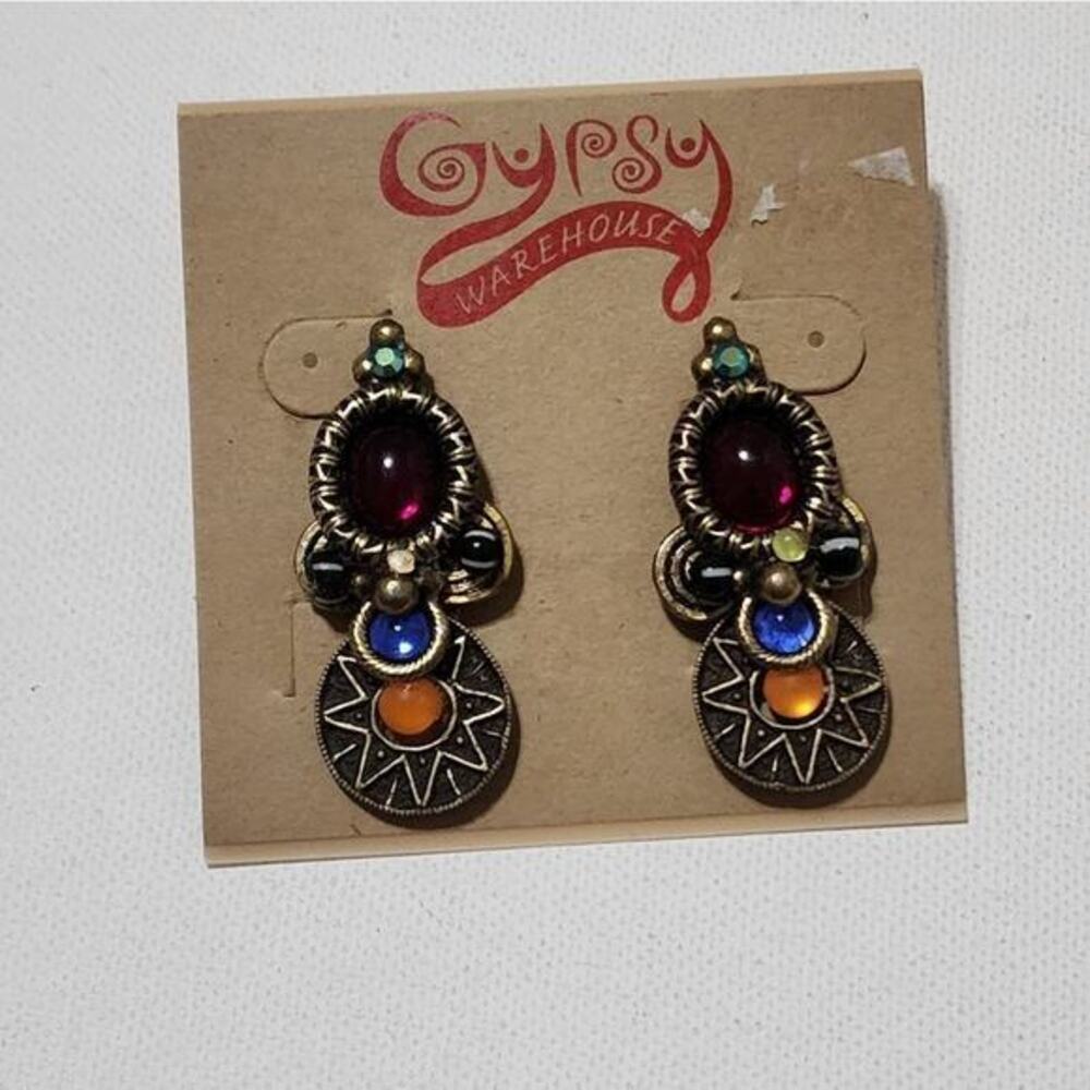 Treska Gypsy Boho Sunburst Drop Earrings Multi Color Jewel Tone Bronze Tone